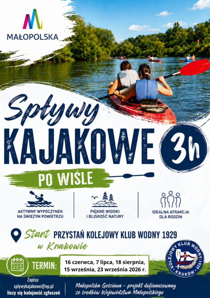 na plakacie są dwie osoby w kajaku które płyną po rzece Wiśle